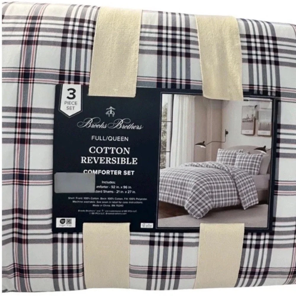 Brooks Brothers Multicolor Plaid Reversible Cotton Queen Comforter Set 92”x96”